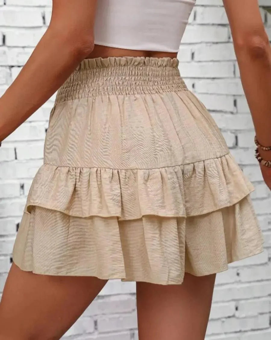 Ruffle Layered Shorts - Elastic Waist, Mid - Rise Fit - Zandorue