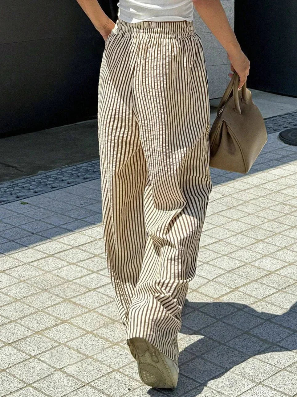 Womens Striped Print Drawstring Waist Wide Leg Pants - Zandorue