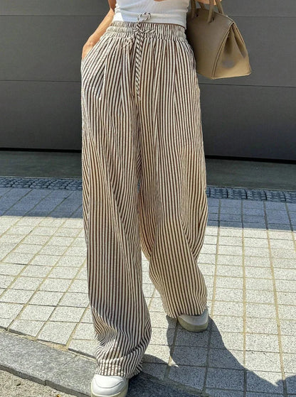 Womens Striped Print Drawstring Waist Wide Leg Pants - Zandorue